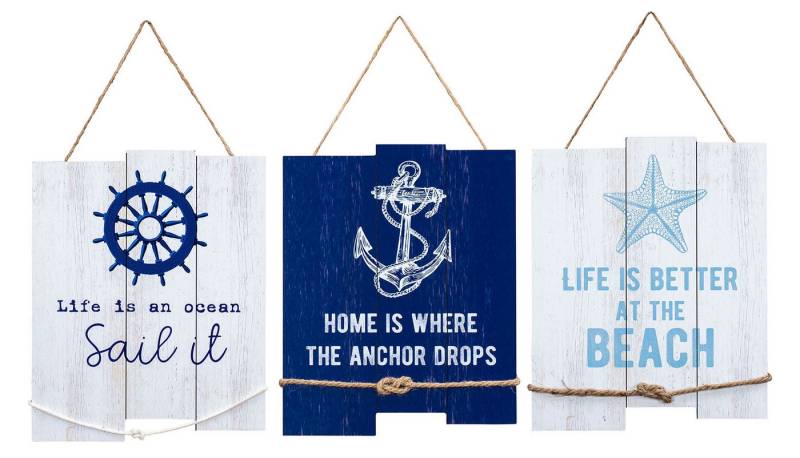 Levandeo® Holzbild, 3er Set Wandschild H35cm Blau Weiß Holzschild Beach Strand Wanddeko von Levandeo®