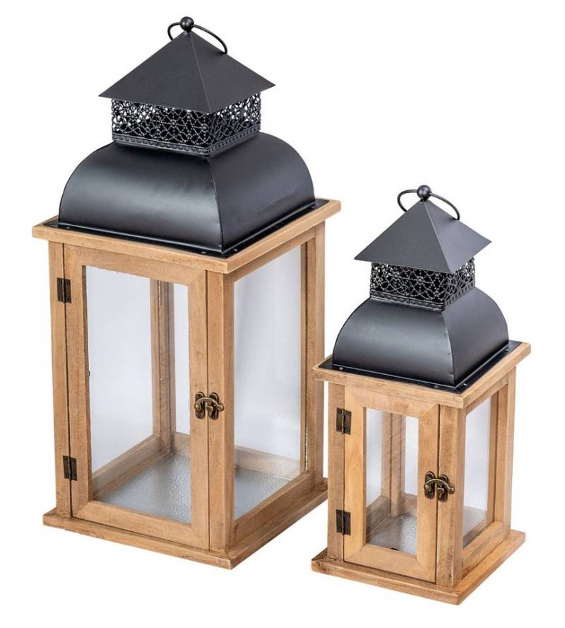 Levandeo® Kerzenlaterne, 2er Set Laterne Braun Holz Metall Kerzenhalter Windlicht Gartendeko von Levandeo®