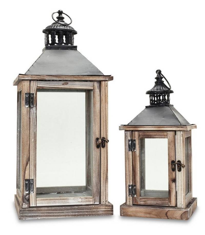 Levandeo® Kerzenlaterne, 2tlg. Laternen Set Holz natur braun Metall Glas Shabby Chic von Levandeo®