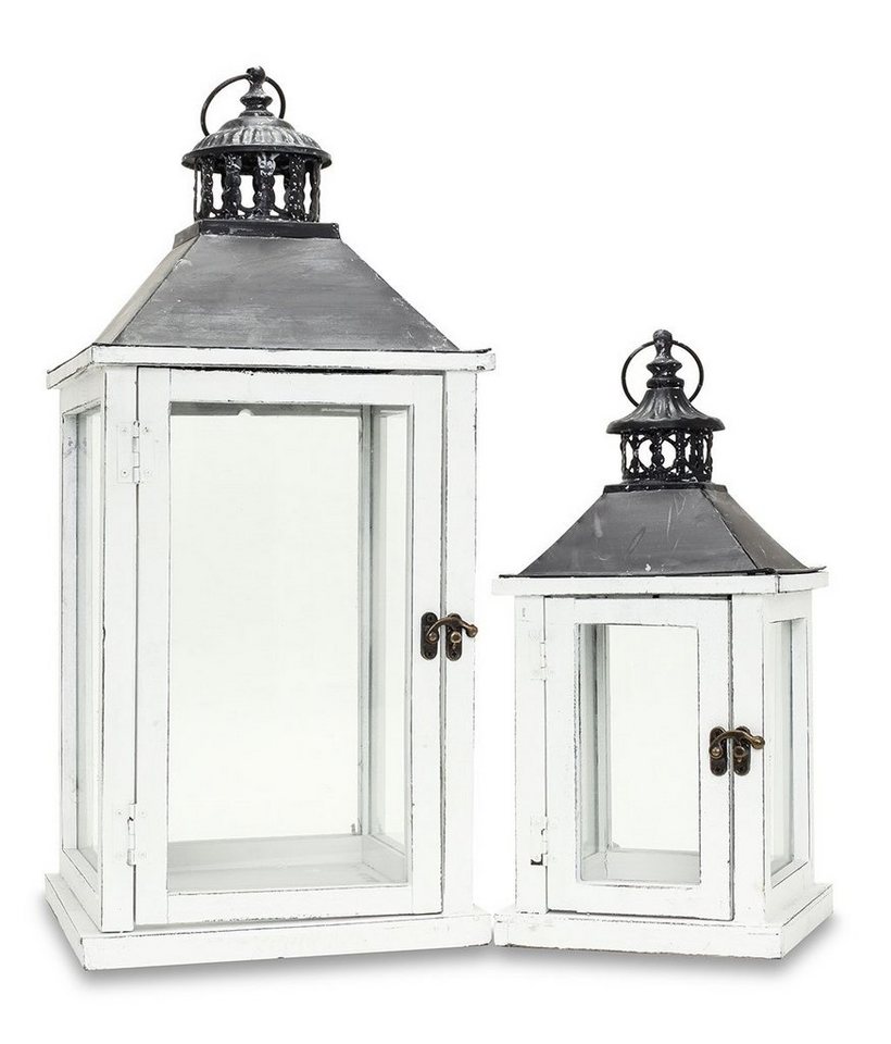 Levandeo® Kerzenlaterne, 2tlg. Laternen Set Holz weiß Metall Glas Shabby Chic Garten von Levandeo®