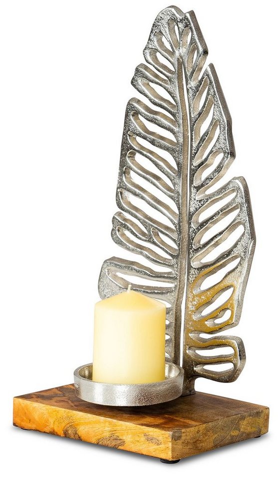 Levandeo® Kerzenständer, Kerzenständer 35cm Kerzenhalter Mango Holz Blatt Silber Tischdeko von Levandeo®
