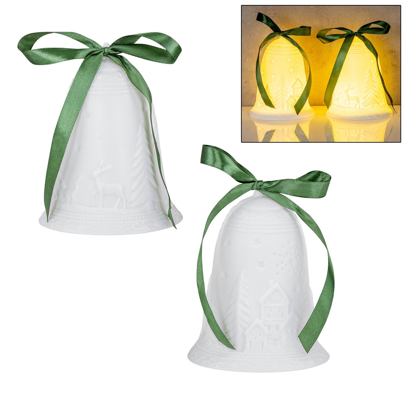 Levandeo® LED Dekoobjekt, 2er Set LED Glocke Weiß H14cm Porzellan Tischdeko Winterwald von Levandeo®