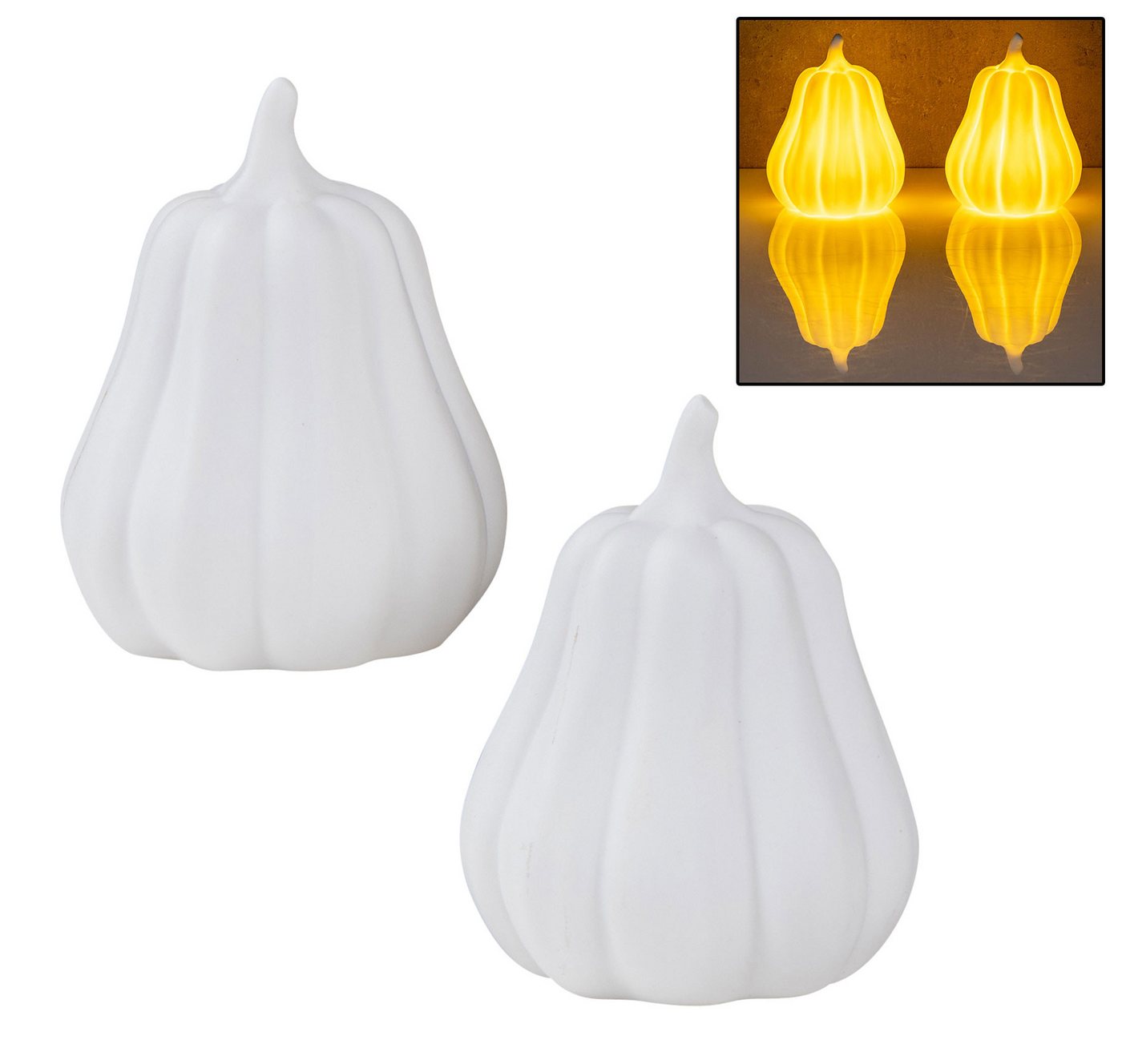 Levandeo® LED Dekoobjekt, 2er Set LED Kürbis Weiß H11cm mit Timer Porzellan Tischdeko von Levandeo®