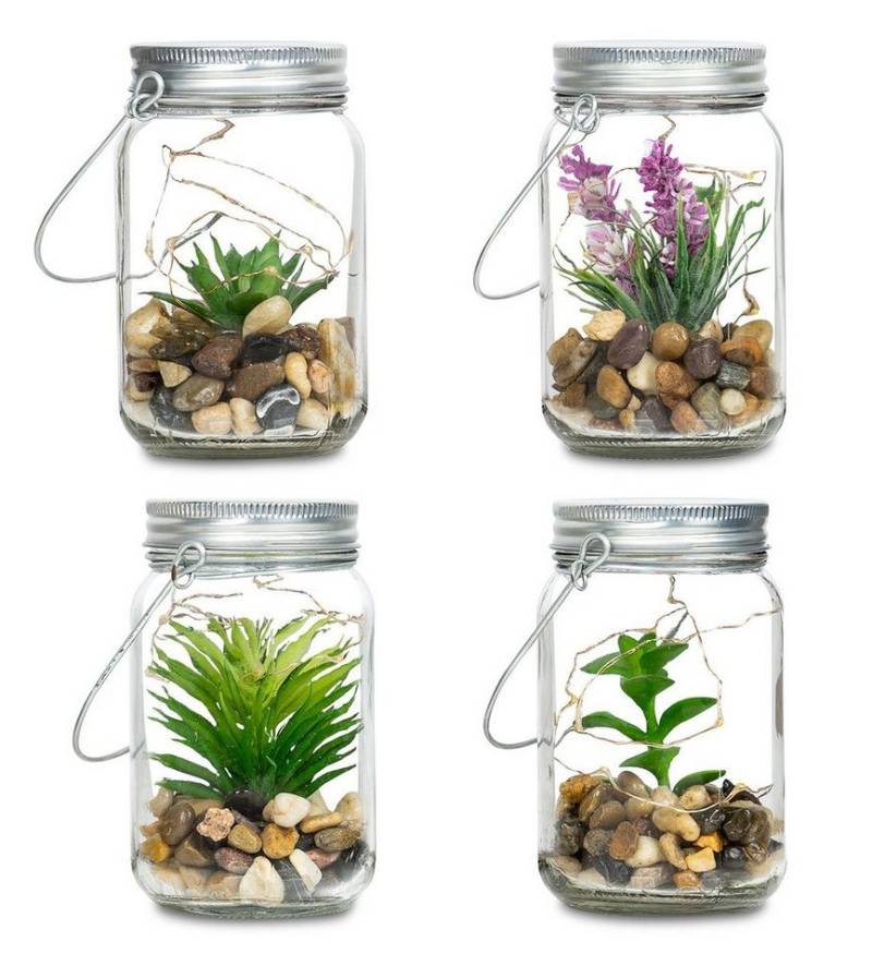 Levandeo® LED Dekoobjekt, 4er Set Sukkulenten Im Glas B x H: 8 x 13 cm Deckel LED Warmweiß von Levandeo®
