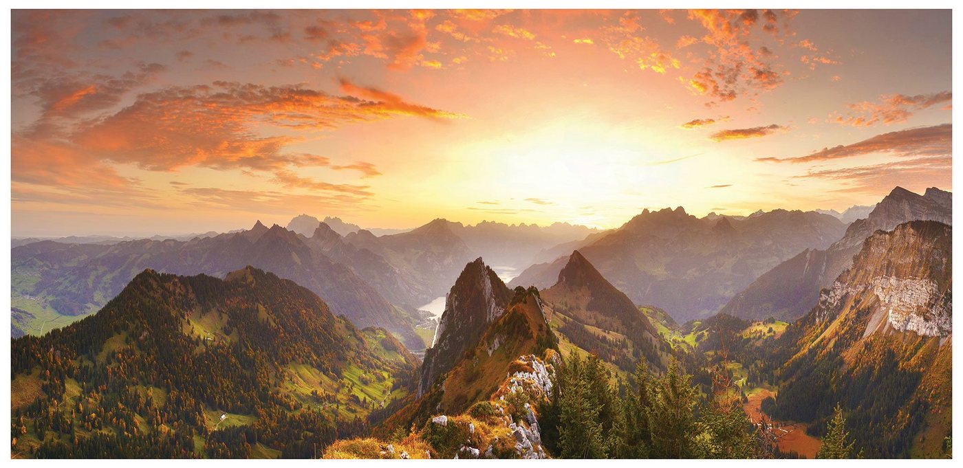 Levandeo® Leinwandbild, XXL Leinwandbild 115x55cm Berge Sonnenuntergang Bild Kunstdruck Deko von Levandeo®