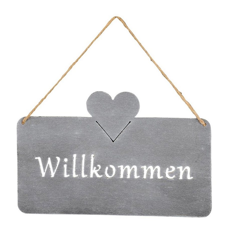 Levandeo® Metallbild, Schild Willkommen 25x16cm Außen Garten-Deko Grau Herz Eisen von Levandeo®