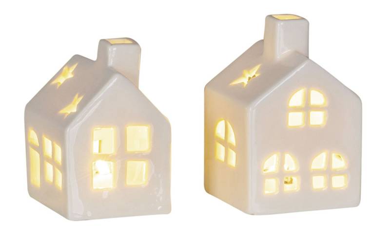 Levandeo® Teelichthalter, 2er Set LED Haus Weiß Porzellan Lichthaus Tischdeko Skandi Design von Levandeo®