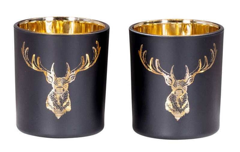 Levandeo® Teelichthalter, 2er Set Teelichthalter Schwarz Gold Hirsch Glas Kerzenhalter von Levandeo®