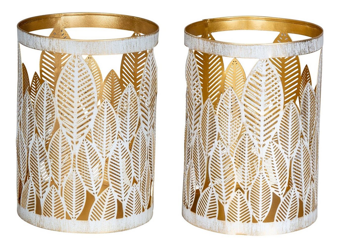 Levandeo® Teelichthalter, 2er Set Windlicht 13x18cm Weiß Gold Metall Teelichthalter Blattdekor von Levandeo®
