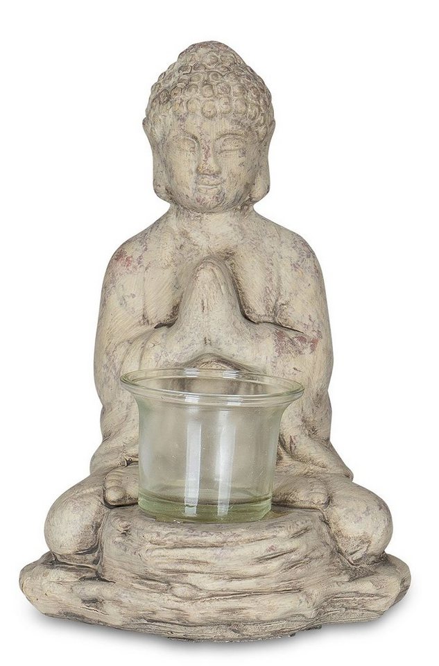 Levandeo® Teelichthalter, Teelichthalter Buddha Figur Keramik 19cm hoch Grau Tischdeko von Levandeo®