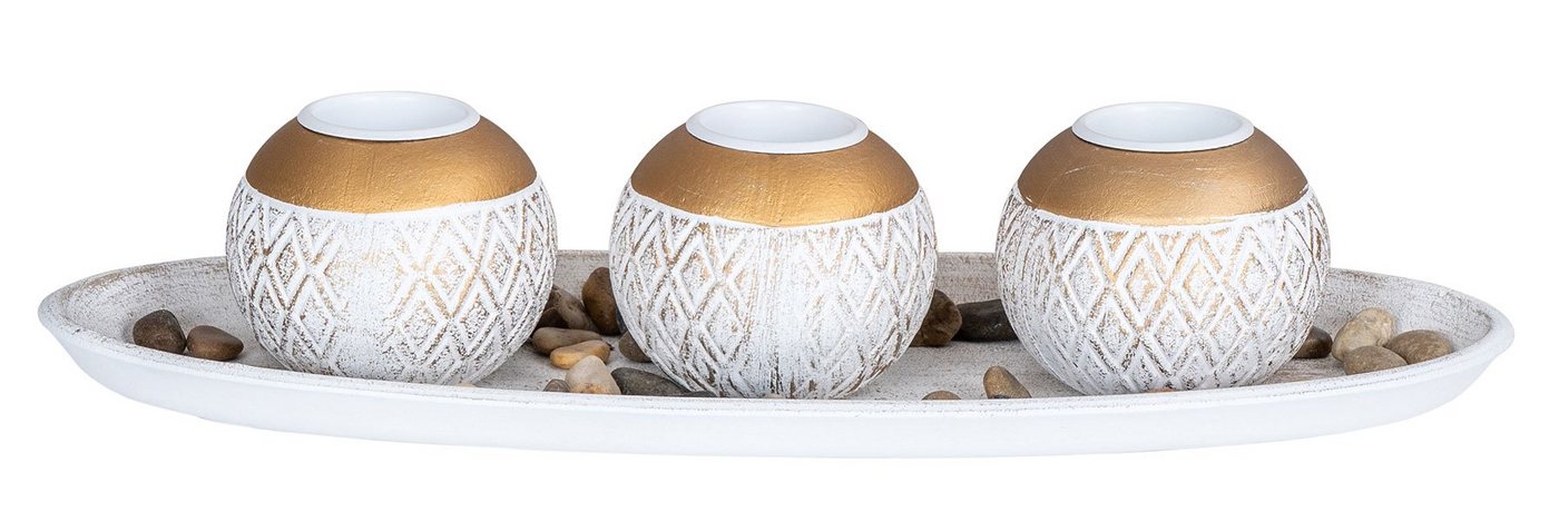 Levandeo® Teelichthalter mit Tablett, Deko-Tablett Kerzenhalter L39cm Weiß Gold Gewischt Shabby Chic von Levandeo®