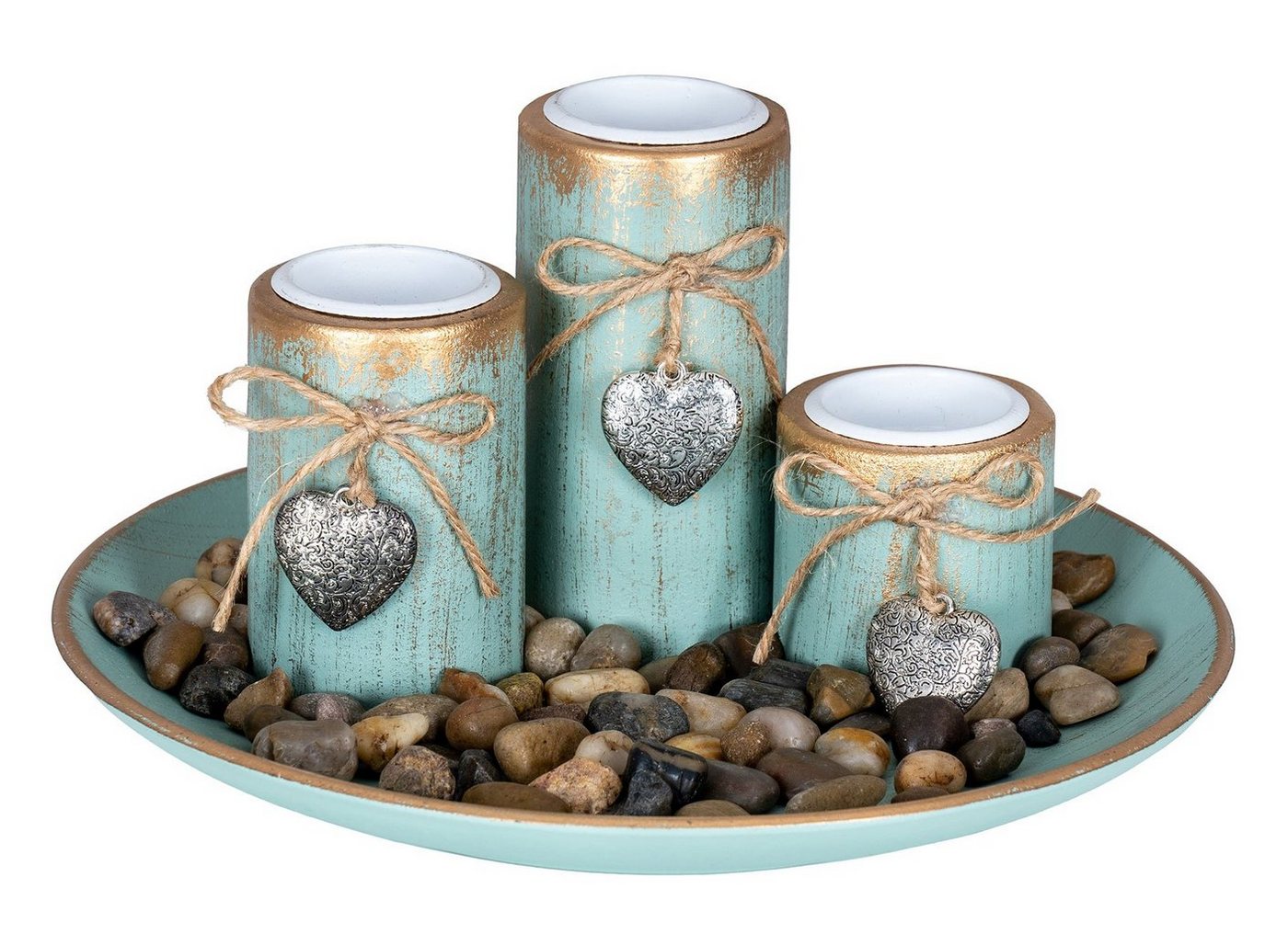 Levandeo® Teelichthalter mit Tablett, Teelichthalter Set B25cm Holzteller Tischdeko Grün Gold Shabby Chic von Levandeo®