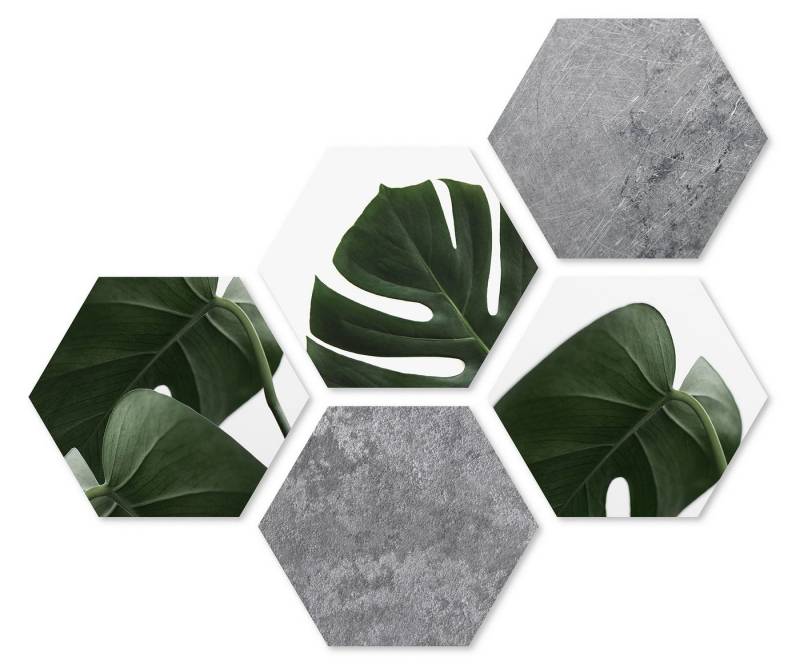 Levandeo® Wandbild, 5er Set Wandbilder je 28x32cm Wanddeko Hexagon Monstera Betonoptik von Levandeo®
