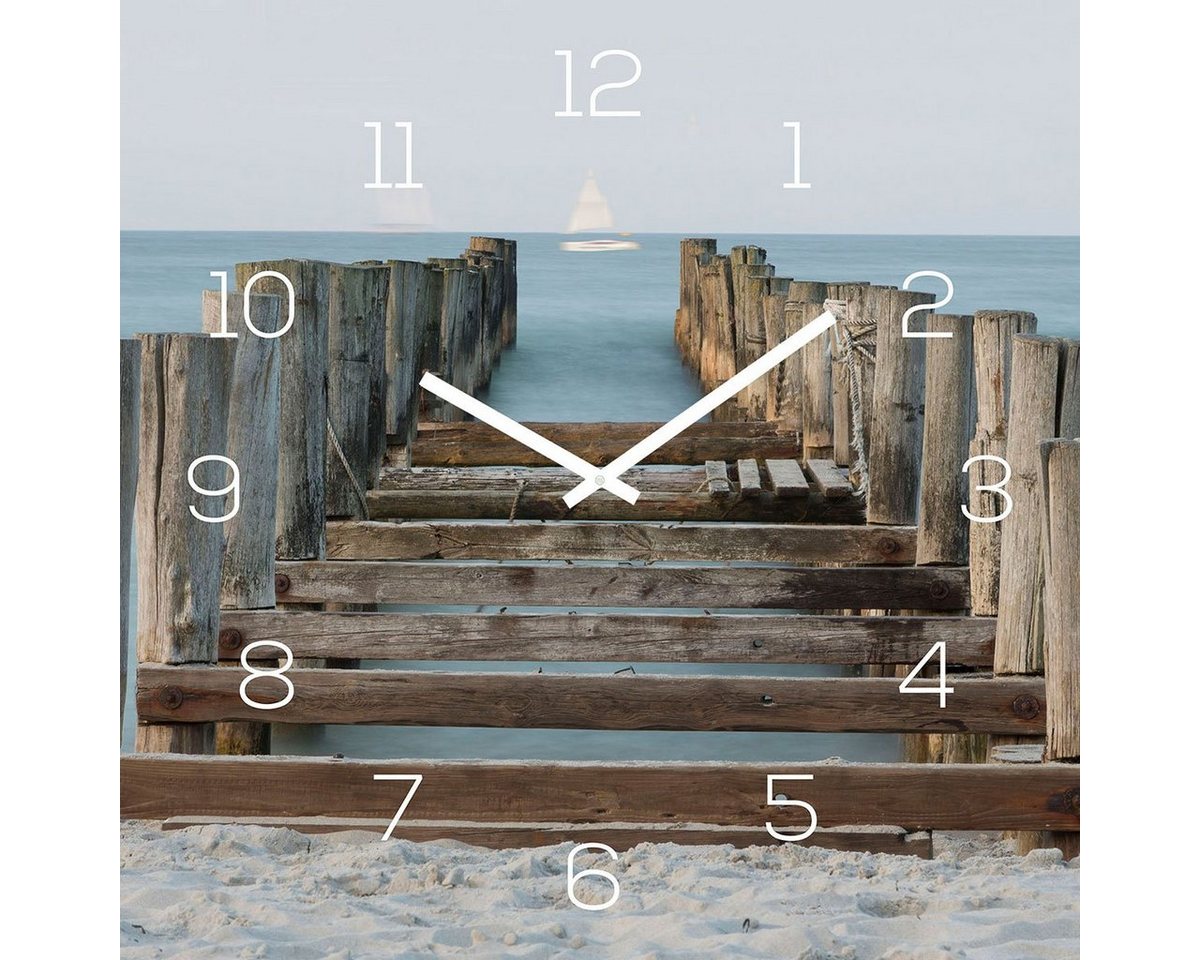 Levandeo® Wanduhr (levandeo Wanduhr Glas 30x30cm Glasuhr Uhr Glasbild Strand Meer Steg) von Levandeo®