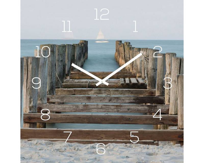 Levandeo® Wanduhr (levandeo Wanduhr Glas 30x30cm Glasuhr Uhr Glasbild Strand Meer Steg) von Levandeo®