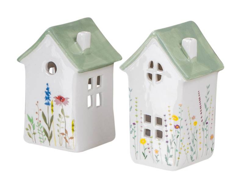 Levandeo® Windlicht, 2er Set Windlicht Häuser Grün Porzellan Teelichthalter Blume von Levandeo®