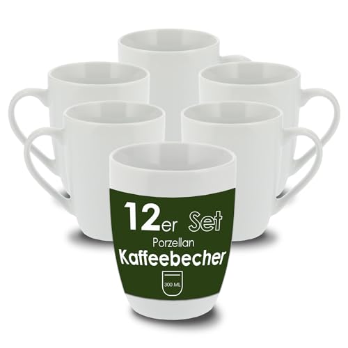 Level One 12 Stück Kaffeebecher 300ml aus hochwertigem Porzellan, Kaffeetasse in weiß, Kaffeebecher mit Henkel, Spülmaschinen- & Mikrowellengeeignet von Level One
