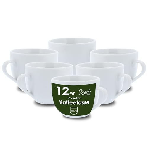 Level One 12 Stück Kaffeetasse 250ml aus hochwertigem Porzellan, Kaffeetasse in weiß, Kaffeebecher mit Henkel, Spülmaschinen- & Mikrowellengeeignet von Level One