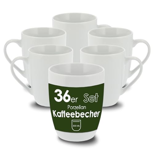 Level One 36 Stück Kaffeebecher 300ml aus hochwertigem Porzellan, Kaffeetasse in weiß, Kaffeebecher mit Henkel, Spülmaschinen- & Mikrowellengeeignet von Level One