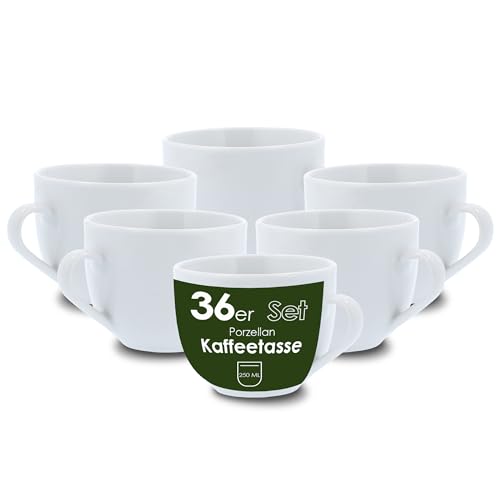 Level One 36 Stück Kaffeetasse 250ml aus hochwertigem Porzellan, Kaffeetasse in weiß, Kaffeebecher mit Henkel, Spülmaschinen- & Mikrowellengeeignet von Level One