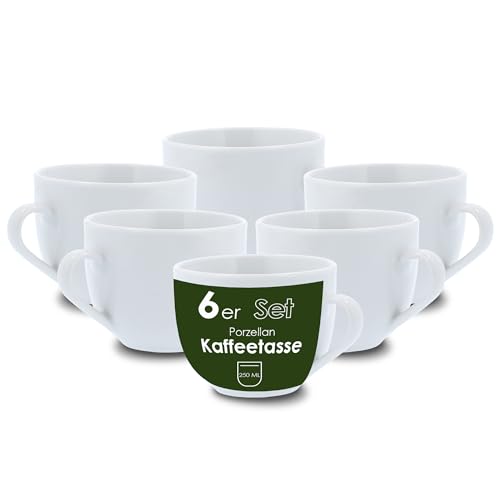 Level One 6 Stück Kaffeetasse 250ml aus hochwertigem Porzellan, Kaffeetasse in weiß, Kaffeebecher mit Henkel, Spülmaschinen- & Mikrowellengeeignet von Level One