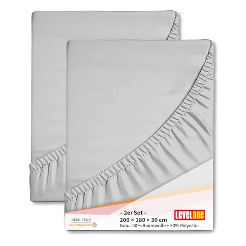 Level One Spannbettlaken 2er Set 180x200cm Spannbetttuch Bettlaken mit Gummispannung, Matratzenhöhe bis 25 cm, 50% Baumwolle 50% Polyester Jersey, Farbe Grau von Level One