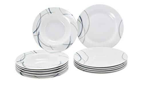 LevelOne Tafelservice 6 Personen, rundes & weißes Tafelservice mit Verzierung in Grau, 12-teiliges Tafelservice aus Porzellan mit je 6 Flachtellern & Tieftellern, modern & günstig, Ø 23cm & 21cm von Level One