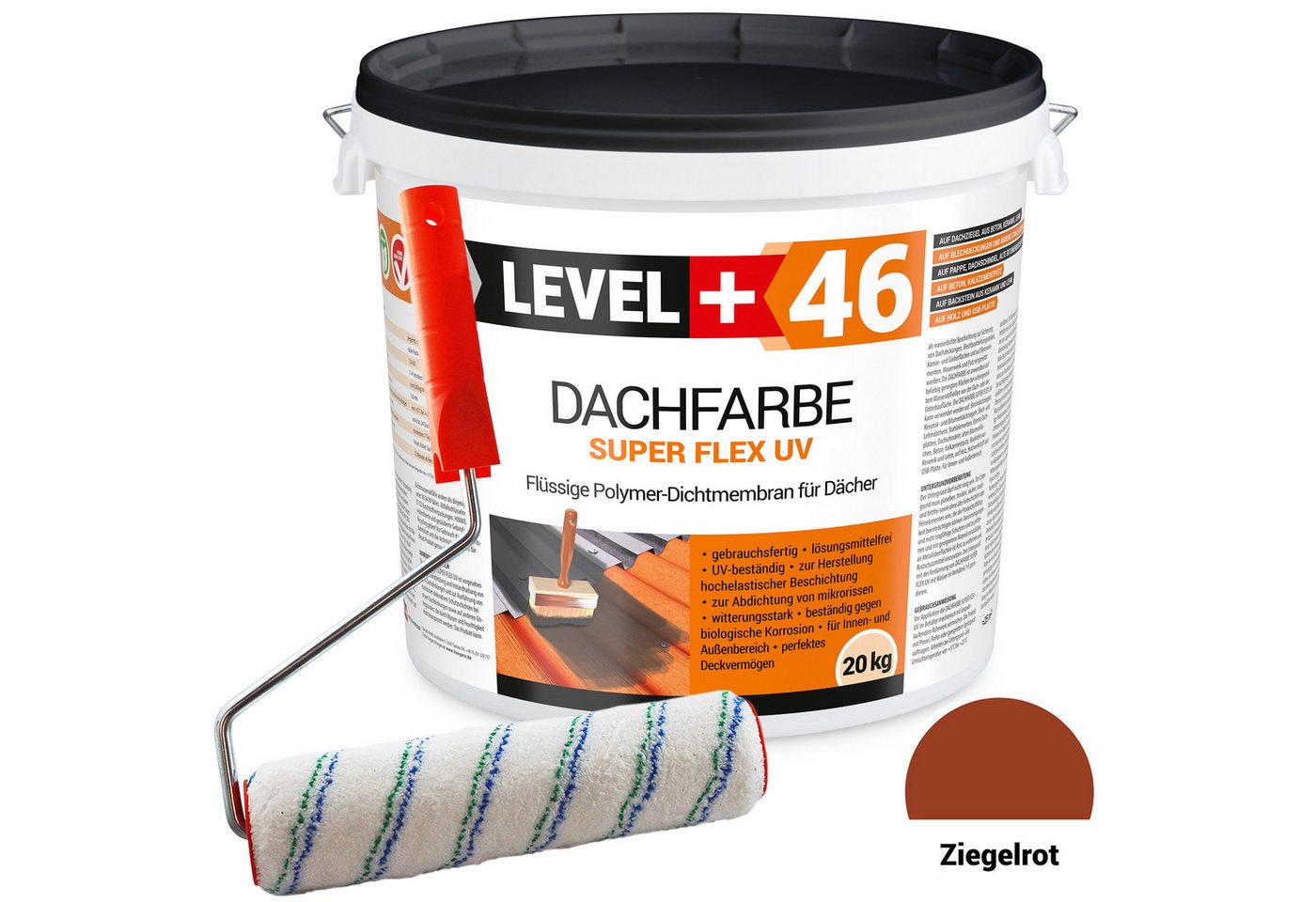 Level+ Dachfarbe Dachfarbe Sockelfarbe elastische L+46 ZIEGELROT - 20KG + Farbroller Level+ Dachfarbe Dachfarbe Sockelfarbe elastische L+46 ZIEGELROT - 20KG + Farbroller von Level+