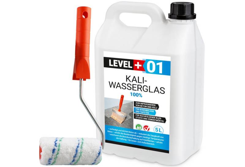 Level+ Isoliergrundierung Kaliwasserglas 5L Unverdünnt BetonVersiegelung L+01 + Farbroller von Level+