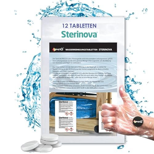 LevinQ 12x Tabletten Extra stark für Wasser Rudergerät wie WaterRower, Skandika, 1.5 Jahresbedarf + Handschuhe, Water Purification Tabletten gegen Algen, puritabs Maxi Sterinova von LevinQ