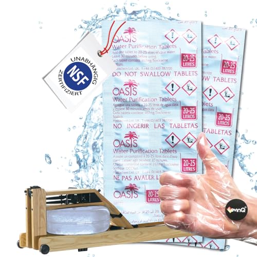 LevinQ 20x Chlortabletten geeignet für Rudergerät mit Wassertank,+ Handschuhe, Waterrower, Skandika, Hammer, Vorteilspack, Gegen Algen, 2 Jahresbedarf, Puritabs Oasis Water Rower chlor Tabletten von LevinQ