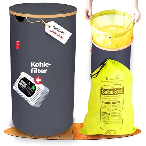 Levio® Gelber Sack Ständer mit Deckel – Müllsackhalter [80L mit Geruchsfilter] – Mülltonne Gelber Sack Indoor – Stabiler Müllsackständer – Mülleimer für Gelben Sack – Gelbe Säcke Behälter (Dunkelgrau) von Levio