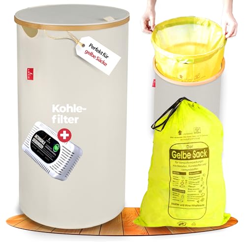 Levio® Gelber Sack Ständer mit Deckel – Müllsackständer Gelber Sack [80L mit Geruchsfilter] – Müllsackhalter Küche – Stabiler Mülleimer für Gelben Sack – Müllständer & Mülltonnen Behälter (Beige) von Levio