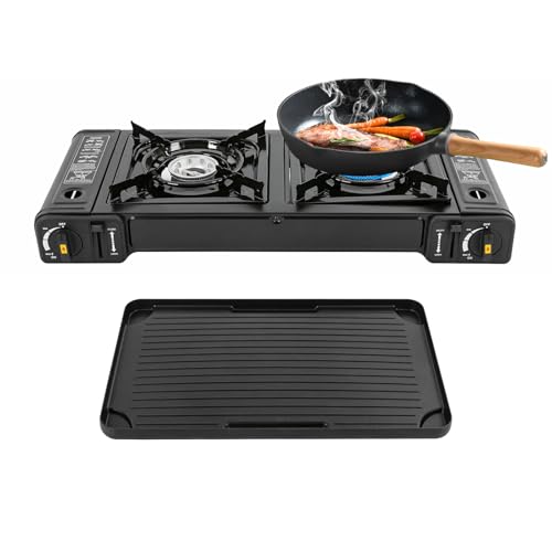Levkitch Campingkocher Grillplatte und Koffer Gaskocher 2-Flammig Gasherd Tragbarer Camping Grill Gas Stove Camping Kocher Aluminium Tischgrill Gas Herd for Outdoor Picknick (Mit Grillplatte) von Levkitch