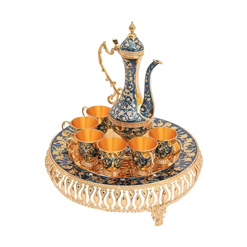 Levkitch Vintage Türkische Kaffeekanne Set,Metallteekannenset mit 6 Kaffeetassen und Teetablett,Tee-Set Tee Oder Kaffee für Home Tea Party Teetisch Dekoration (Gold und Dunkelblau) von Levkitch