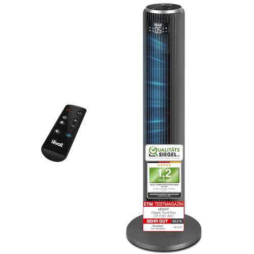Levoit 23dB Leiser Turmventilator, Ventilator mit Kühlung, Tower Fan mit 5 Geschwindigkeiten 4 Modi 12Std Timer, Oszillierender Säulenventilator mit Sensor und Fernbedienung für Schlafzimmer Grau 92CM von Levoit