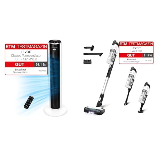Levoit 28dB leiser 7m/s Turmventilator mit Fortschrittlichem Schlafmodus und Fernbedienung Akku Staubsauger mit Tierhaardüse, Anti-Haar-Verwicklung, max 50min Laufzeit von Levoit