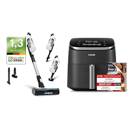 Levoit Akku Staubsauger mit Tierhaardüse, Anti-Haar-Verwicklung, max 50min Laufzeit+Cosori Turboblaze Heißluftfritteuse Airfryer, 9-in-1 Air Fryer XXL 6L, leiser DC Motor mit 5 Geschwindigkeitsstufen von Levoit