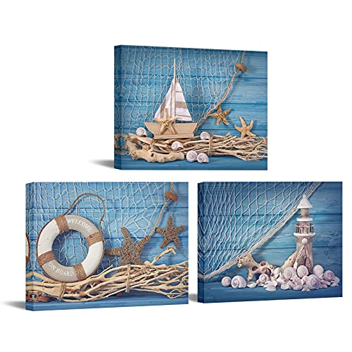 LevvArts 3 Stück Strand Leinwand Wandkunst Muschel Startfish mit Blue Board Bild Drucke Maritim Segelboot Leuchtturm Poster Gemälde für Badezimmer Galerie Leinwand verpackt fertig zum Aufhängen von LevvArts