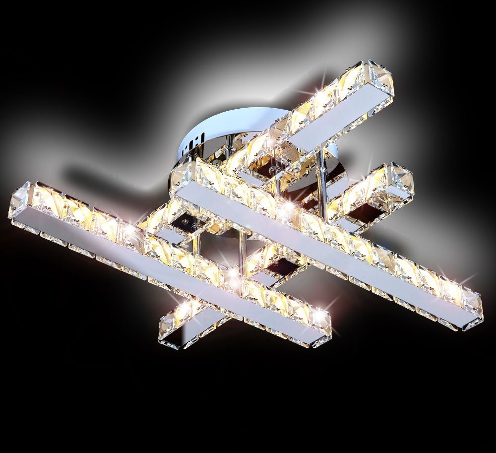 Lewima LED Deckenleuchte »SONATA« Glas Kristall 51cm Deckenlampe 24W, Modern Design Dimmbar, Warmweiß, elegante Leuchte Kreuzform Silber verspiegelt für alle Zimmer, mit niedrigen Verbrauch von Lewima