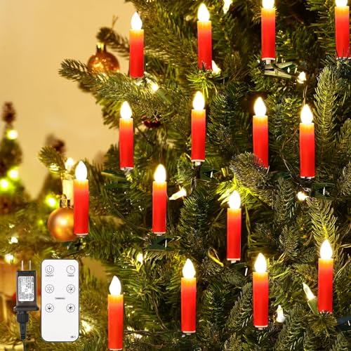 Lewondr 20 Pcs LED Weihnachtsbaum Kerze Lichter, Flackernde Clip auf Flammenlose Kerzen mit Remote Timer&4 Modi, Weihnachtsbaum Kerze Lichter Urlaub Ornamente für Weihnachtsbäume Fenster Hochzeit,Rot von Lewondr