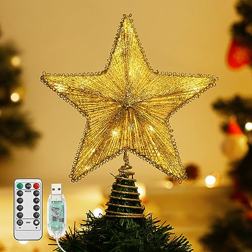 Lewondr Christbaumspitze, Glitzernder Weihnachtsbaum Topper Beleuchtete Funkelnde Stern Weihnachtsbaumspitze Weihnachten Dekoration LED Dekorativ Licht Batteriebetrieb 25.4cm - Gold von Lewondr