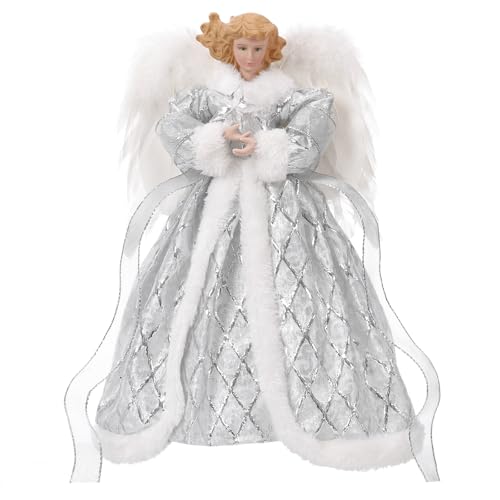 Lewondr Christbaumspitze Engel, 12 Zoll Glitzernd Weihnachtsdeko Weihnachten Baumspitze mit Timer, USB-betrieben Fernbedienung Tannenbaum Spitze für Weihnachtsbaum Weihnachten Party Innen, Silber von Lewondr