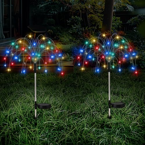 Lewondr Feuerwerk Solar Gartenleuchten, 120 LED Feuerwerkslichter mit 8 Beleuchtungsmodi, Wasserdicht Solarstecker Solarleuchten Gartenlichter für Außen Weg Terrasse Hof Party Gartendeko, 2 Stück von Lewondr