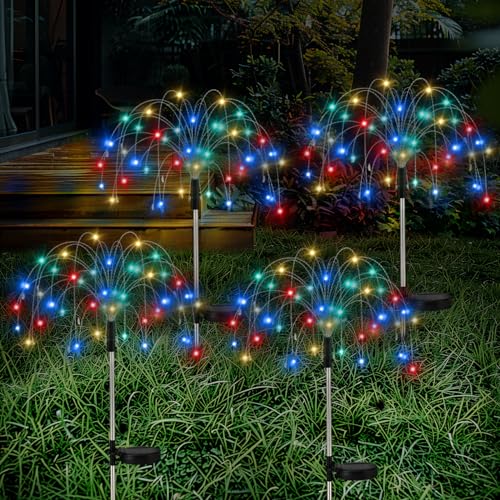 Lewondr Feuerwerk Solar Gartenleuchten, 120 LED Feuerwerkslichter mit 8 Beleuchtungsmodi, Wasserdicht Solarstecker Solarleuchten Gartenlichter für Außen Weg Terrasse Hof Party Gartendeko, 4 Stück von Lewondr