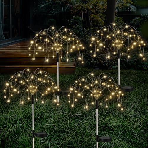 Lewondr Feuerwerk Solar Gartenleuchten, 120 LED Feuerwerkslichter mit 8 Beleuchtungsmodi 4 Stück, Wasserdicht Solarstecker Solarleuchten Gartenlichter für Außen Weg Terrasse Gartendeko, Warmes Licht von Lewondr
