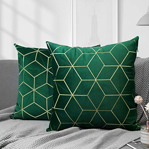 Lewondr Samt Kissenbezug, 2 Stück Quadratisch Dekokissen Hülle mit Goldene Stickerei Geometrisch Muster, Weiche Kopfkissenbezug Zierkissenbezüge für Auto Sofa Wohnzimmer, 45 x 45 cm - Dunkelgrün von Lewondr