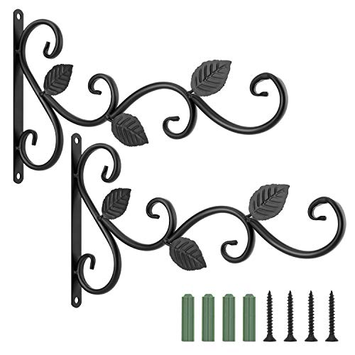 Lewondr Haken für Blumenampel, 2 Stück Retro Aluminiumlegierung Wandhaken Aufhänger Halterung mit Schrauben für Blumentöpfe Pflanzen Laternen, Garten Balkon Zaun Außen Deko - Blatt, Schwarz von Lewondr