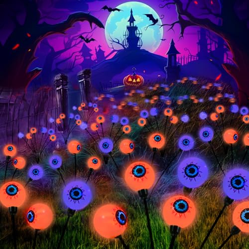 Lewondr Halloween Deko Solarleuchten für Außen, 6 Stück Solarlampen Gartenbeleuchtung mit 2 Modi, Wasserdicht Im Wind Schwankend Glühwürmchen Lichter für Garten Rasen Terrasse Partys, Lila + Orange von Lewondr