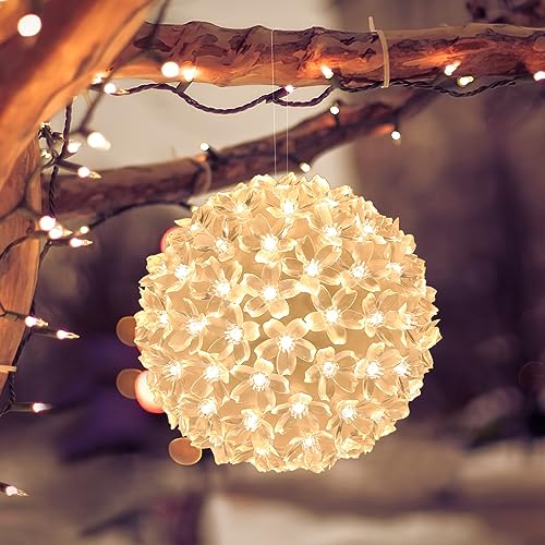 Lewondr LED Kugel Weihnachtsfensterbeleuchtung, 17 cm Batteriebetrieb Kirschblüten Deko Pendelleuchte mit 150 LED Lämpchen & Timer, Hängend LED Deko Weihnachtsbeleuchtung Fenster Innen Außen, Warmweiß von Lewondr